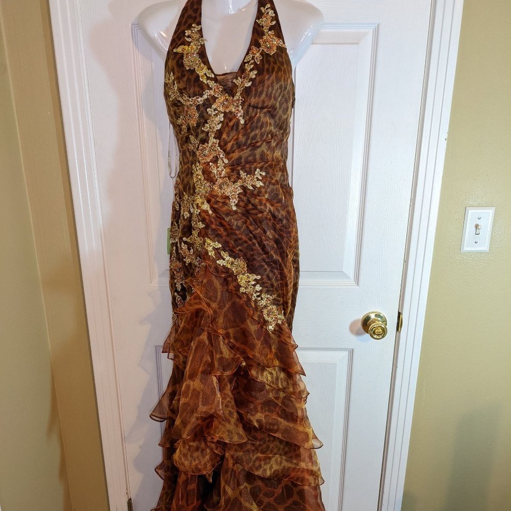 Jasz Couture Leopard Beaded Ruffled Tiers Halter Maxi Dress - size 2 NWT